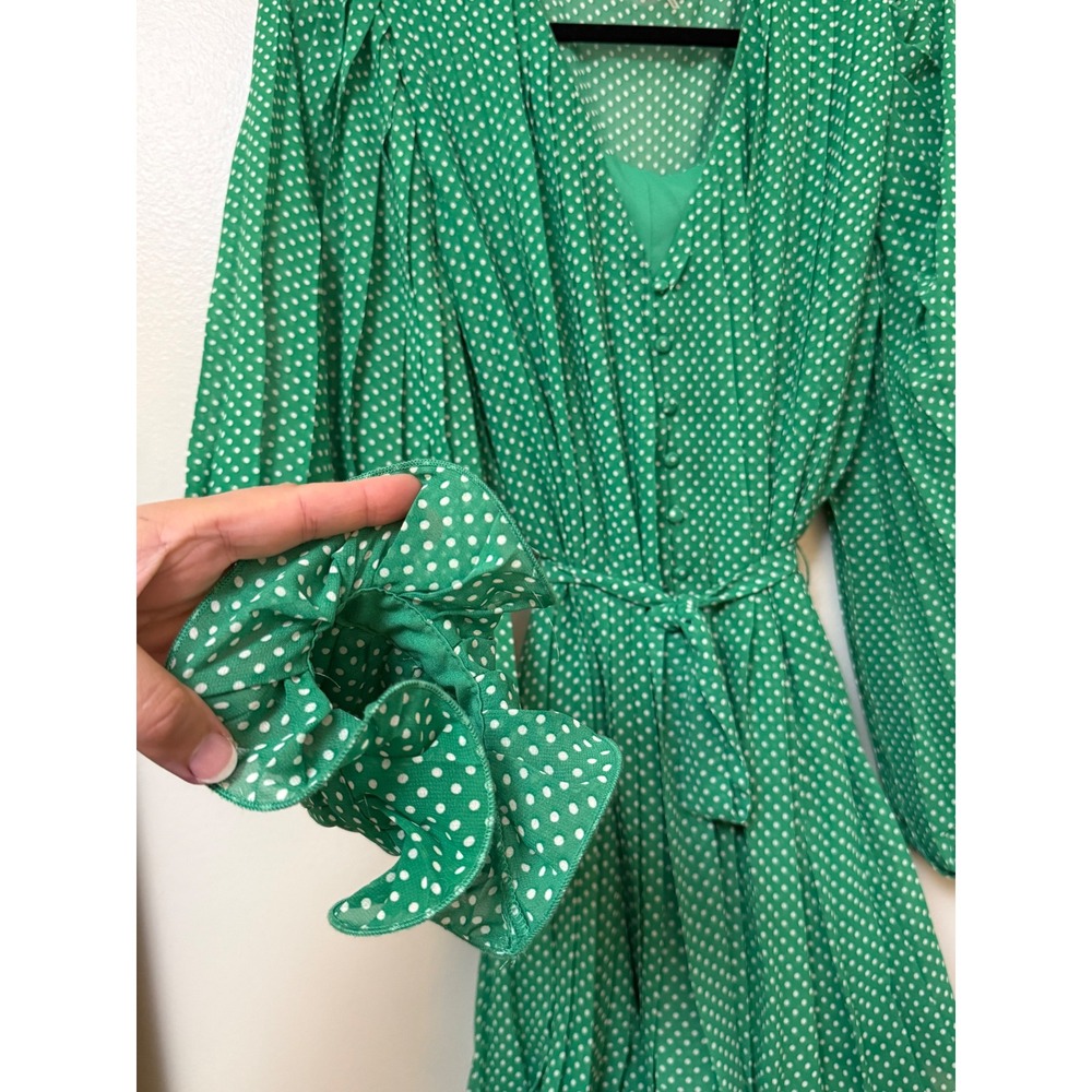 Endless Rose Green Polka Dot Pleated Long Sleeve Wide Leg Romper with Tie Waist - Picture 5 of 16